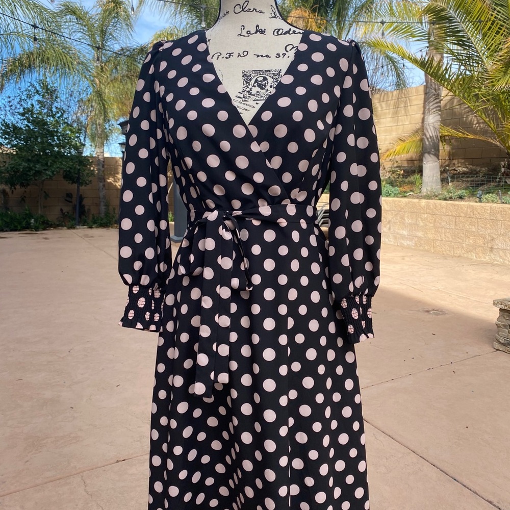 1901 Faux Wrap Black and Blush Polka Dot Dress